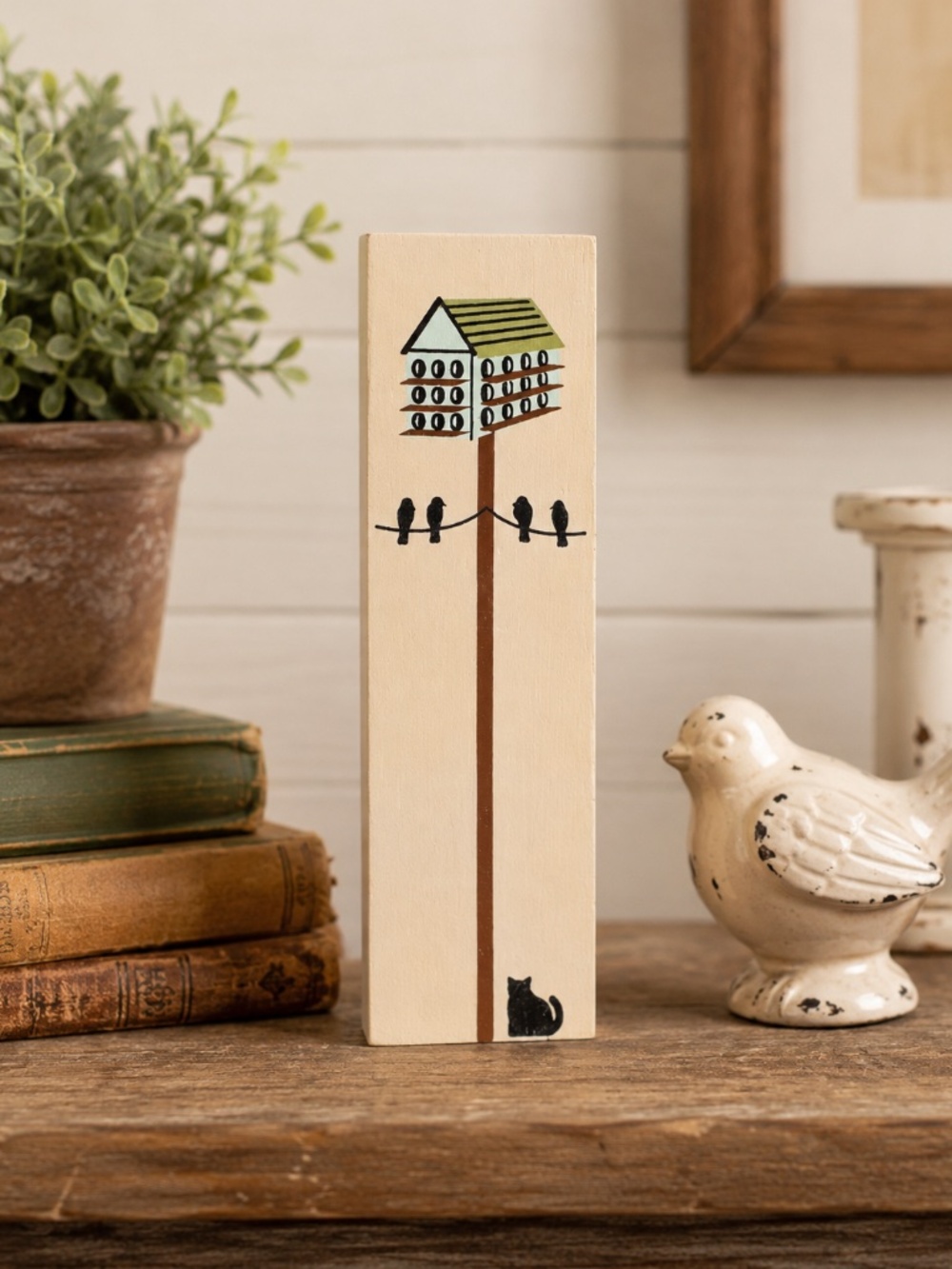 Cat’s Meow Birdhouse Birds Black Cat Wooden Shelf Sitter Folk Art Collectible